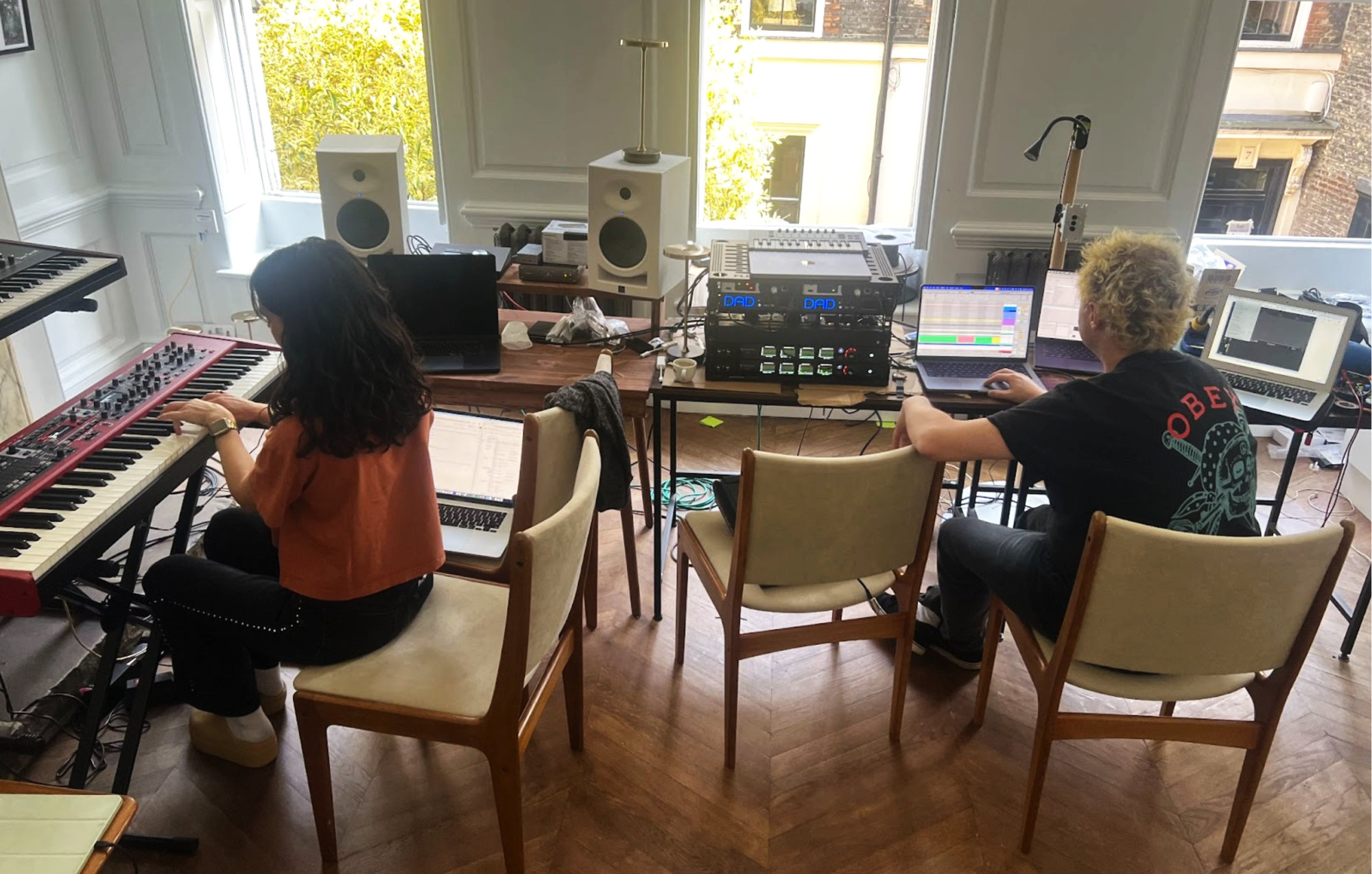 Toby programs the new rig with Keyboard and Vocalist Erin Bentlage